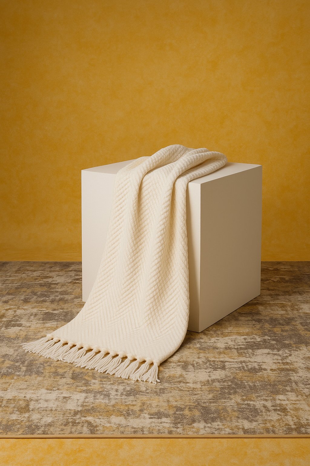 The Golden Sandstone backdrop behind a white plinth draped with a cream throw: hand-painted ochre canvas, warm and painterly.